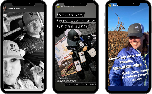 Three images of mobile phone screens with images of people wearing or showing WA Wine hats.