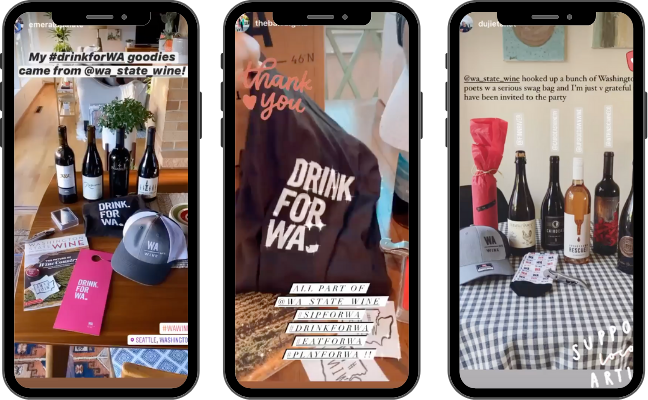 Three images of mobile phone screens with images of wine bottles and Drink for WA branded items.