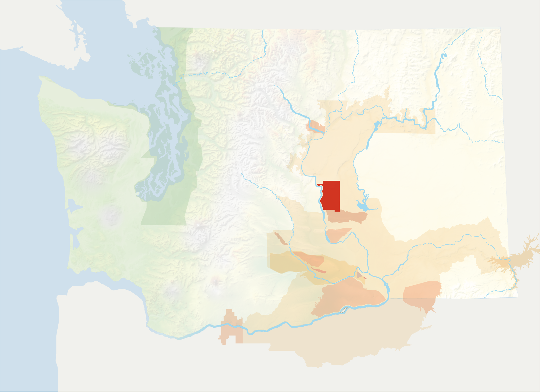 Map of Washington with the Ancient Lakes of Columbia Valley AVA in red, surrounded by the rest of the AVAs in muted greens and oranges.