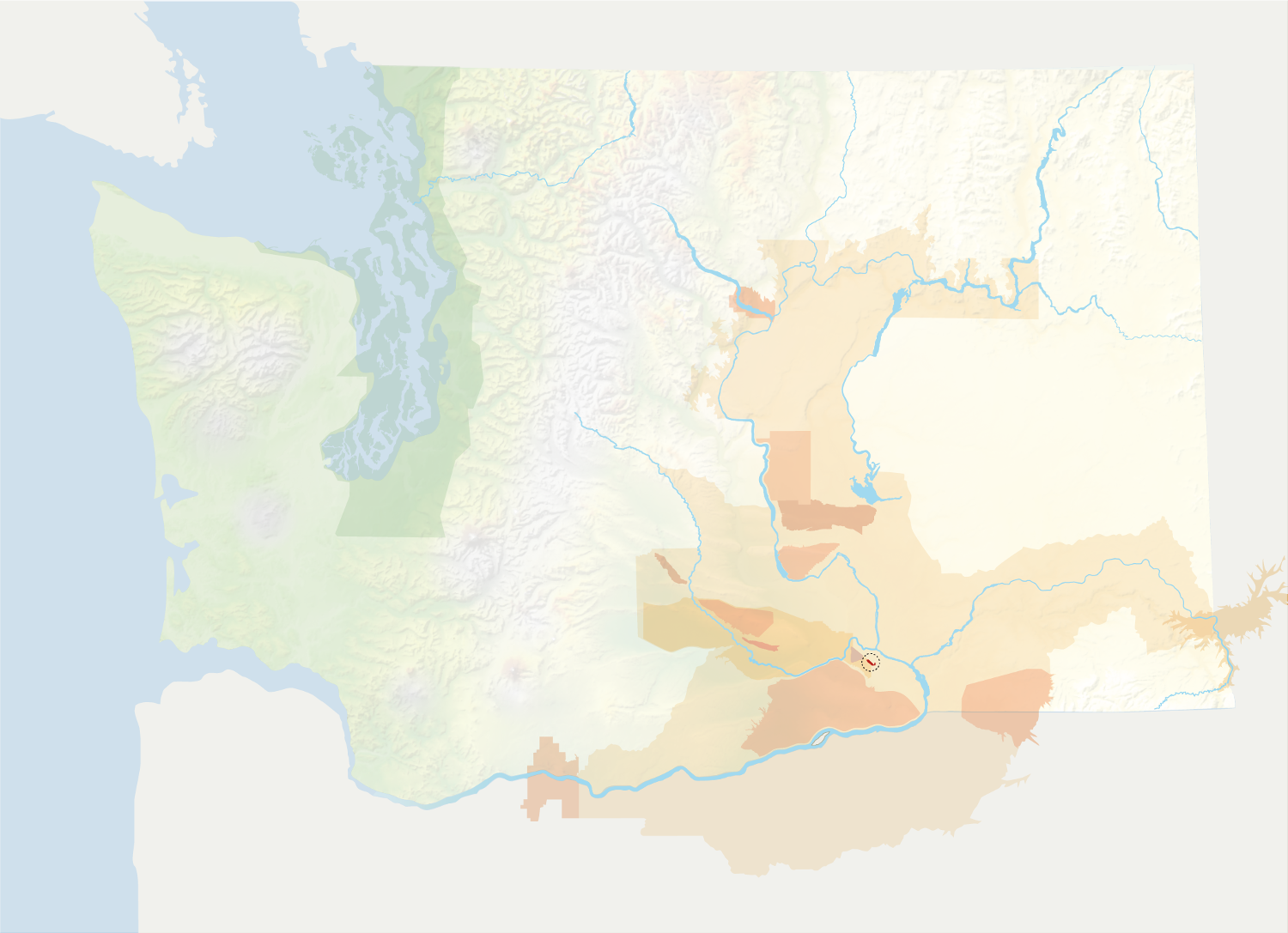 Map of Washington with the Candy Mountain AVA in red, surrounded by the rest of the AVAs in muted greens and oranges.