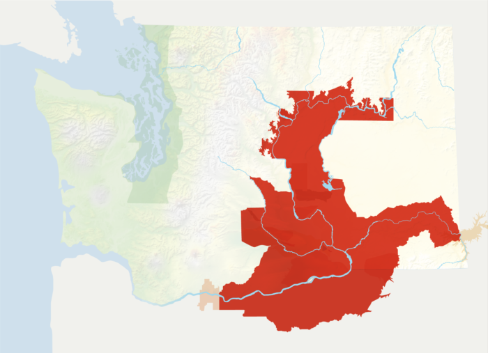 Map of Washington with the Columbia Valley AVA in red, surrounded by the rest of the AVAs in muted greens and oranges.