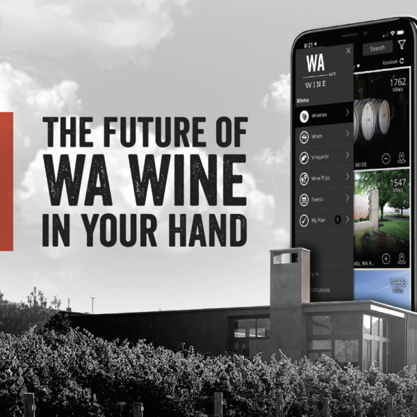 Black and white image of a modern building with grape vines in the foreground. A mobile phone is pictured on the left side of the image, showing the WA Wine app. Text overlay reads: "The future of WA Wine in your hand."