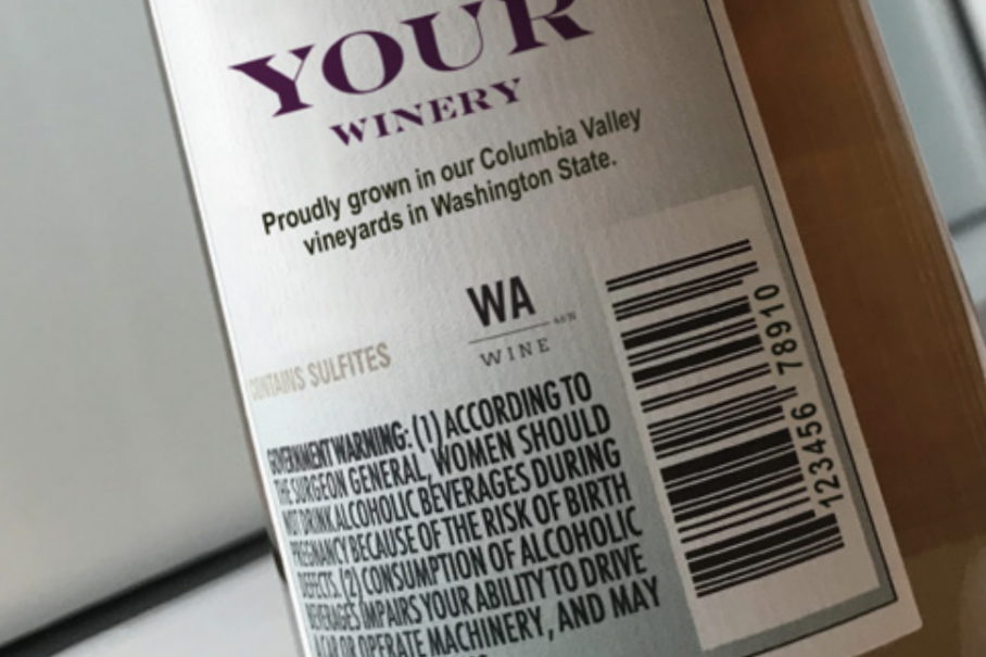 A wine bottle label with the the WA Wine logo placed in the middle.