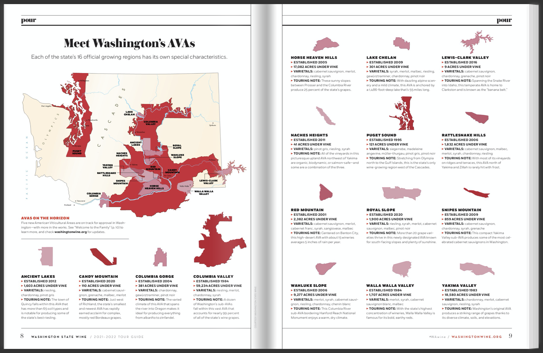 two-page spread from the WA Wine Tour Guide, with the title "Meet Washington's AVAs" and a map with the  AVAs in shades of red.