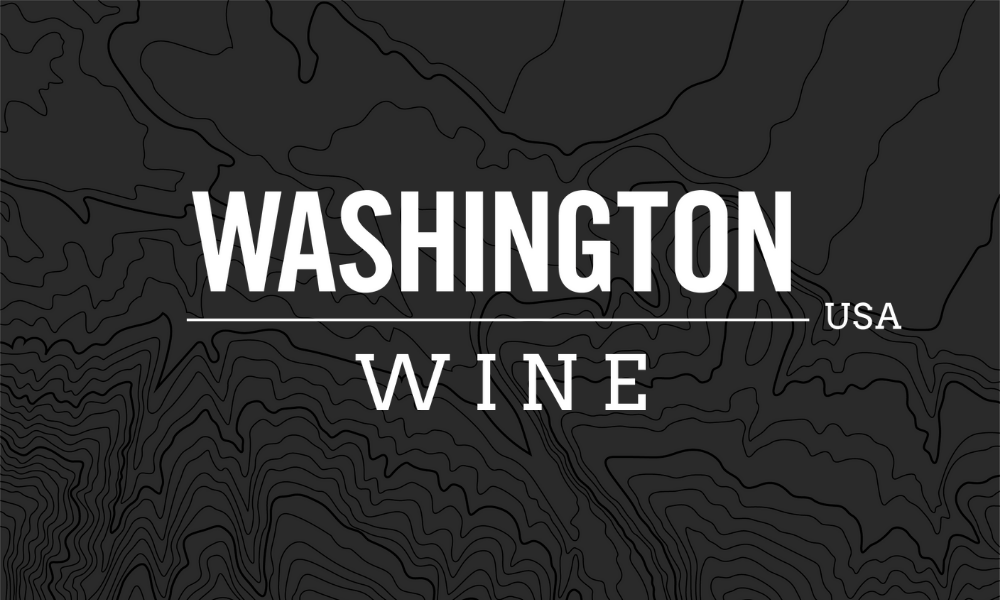 Logo for Washington Wine, white text over a black background with darker topographical lines