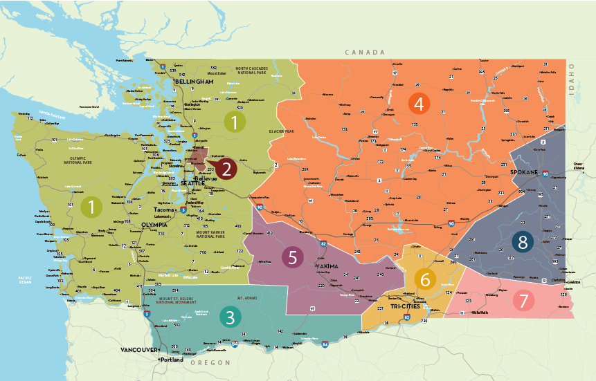Map of Washington with the wine touring regions in different colors.