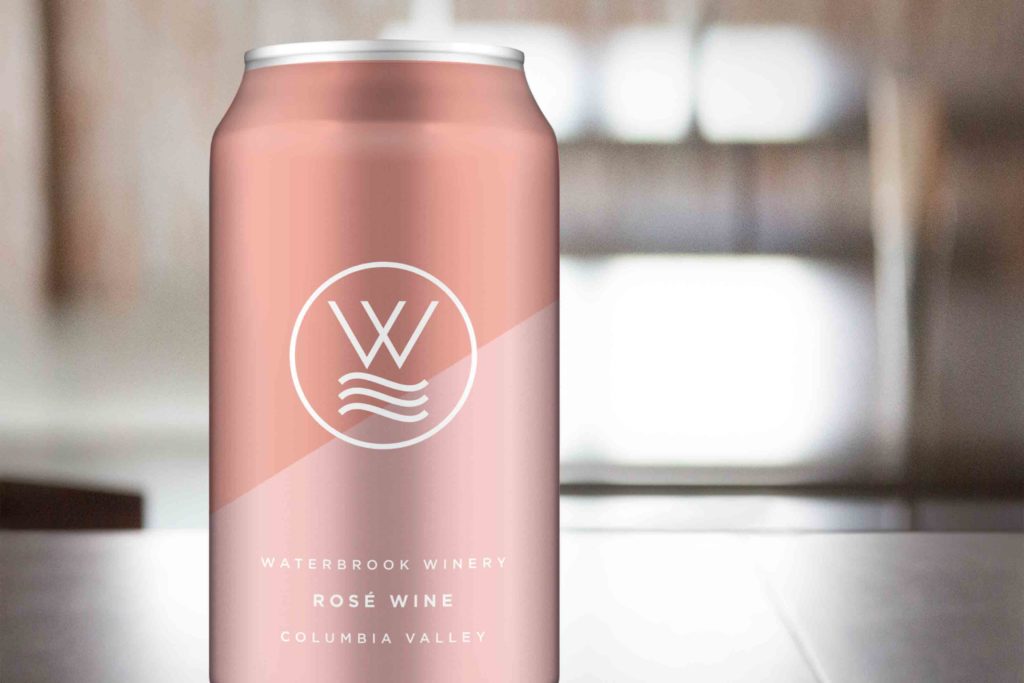 A two-tone pink can of rose wine with a W logo.