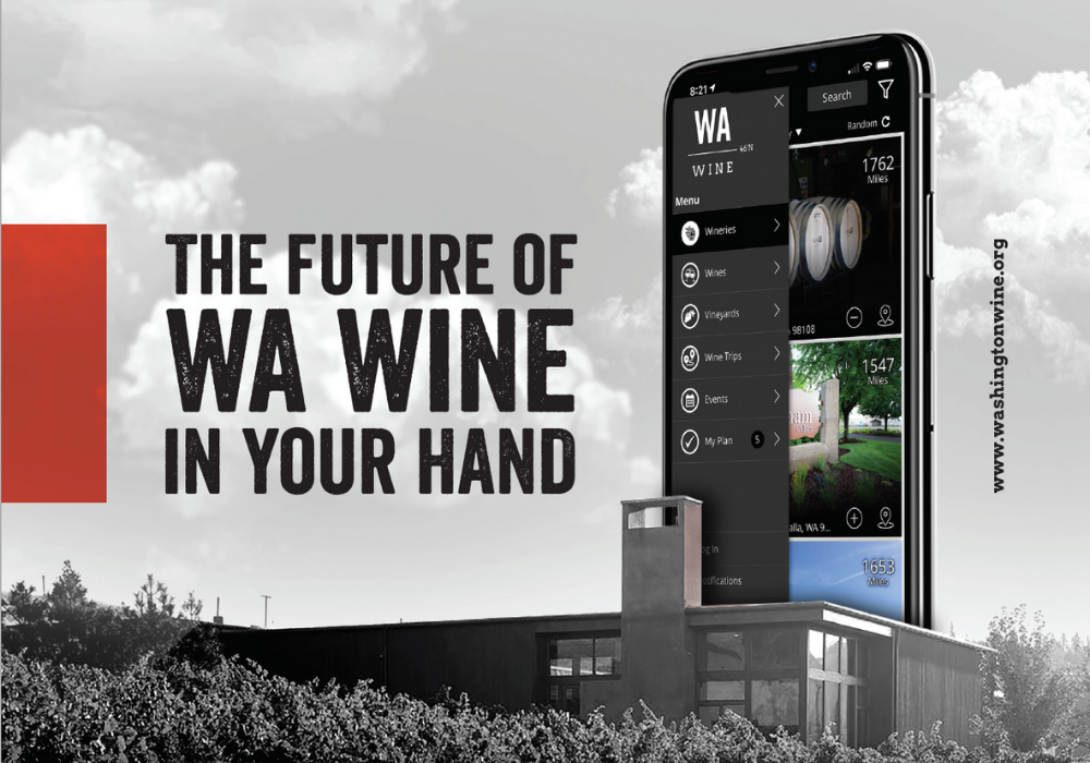 Black and white image of modern building with rows of grape vines in front. A mobile phone with images from the WA Wine app is above the building. Text overlay reads "The future of WA Wine in your hand."