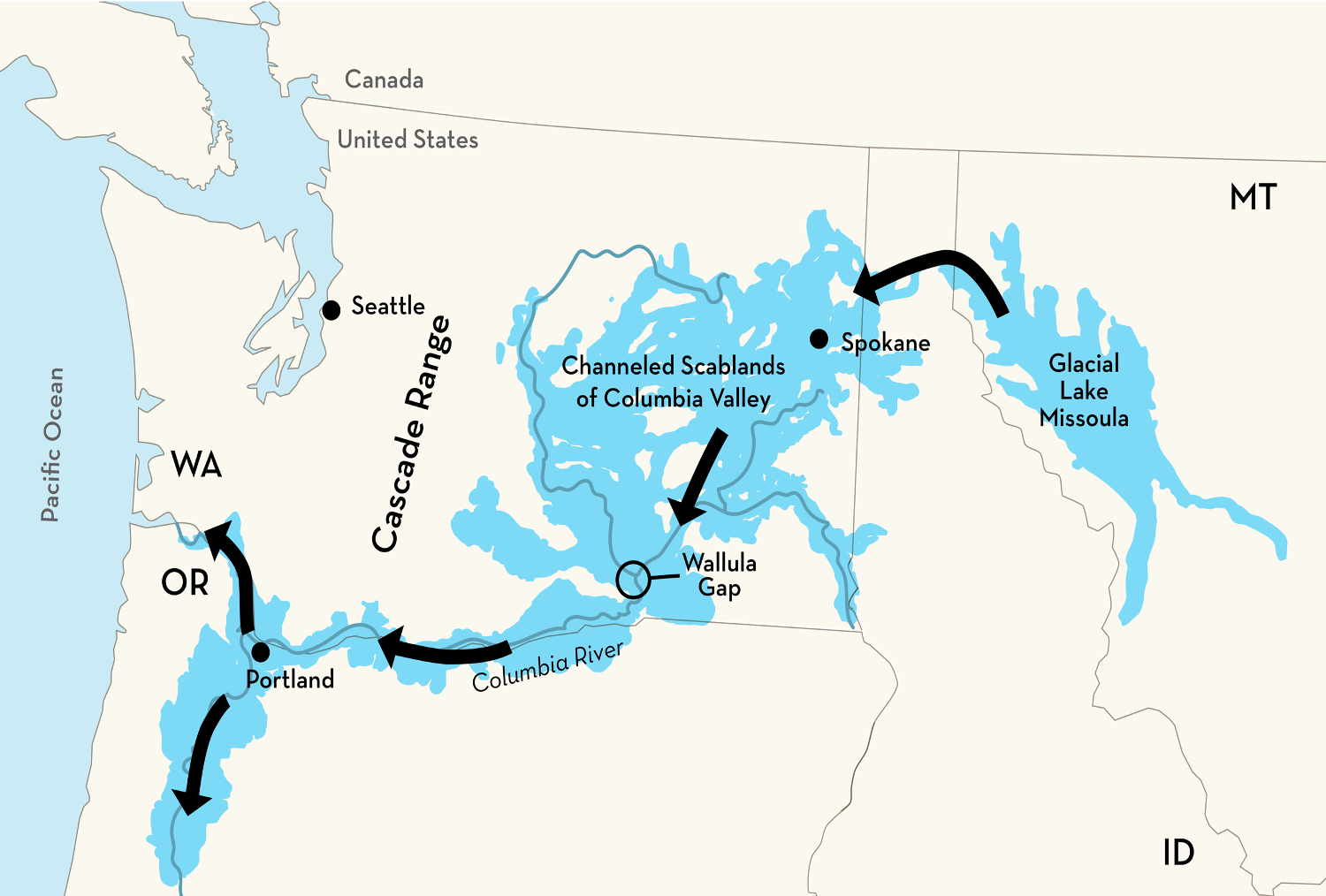 Map of Northwest (WA, OR, ID, MT) showing the range of the Missoula Floods.