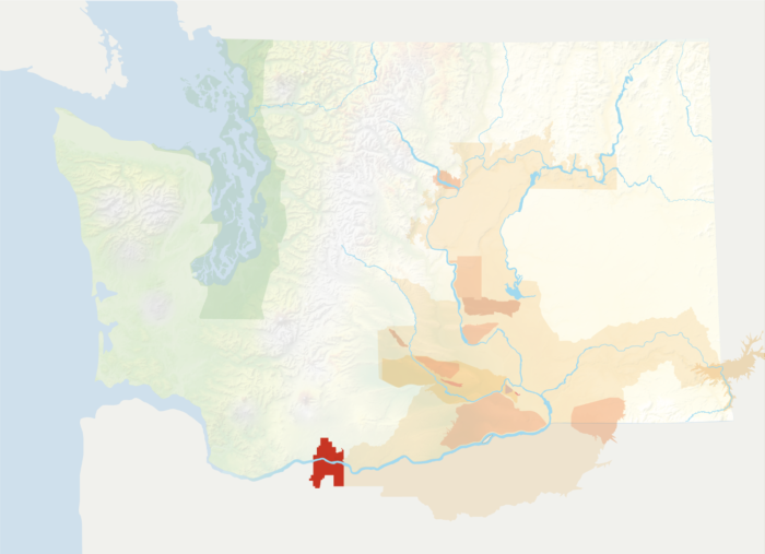 Map of Washington with the Columbia Gorge AVA in red, surrounded by the rest of the AVAs in muted greens and oranges.