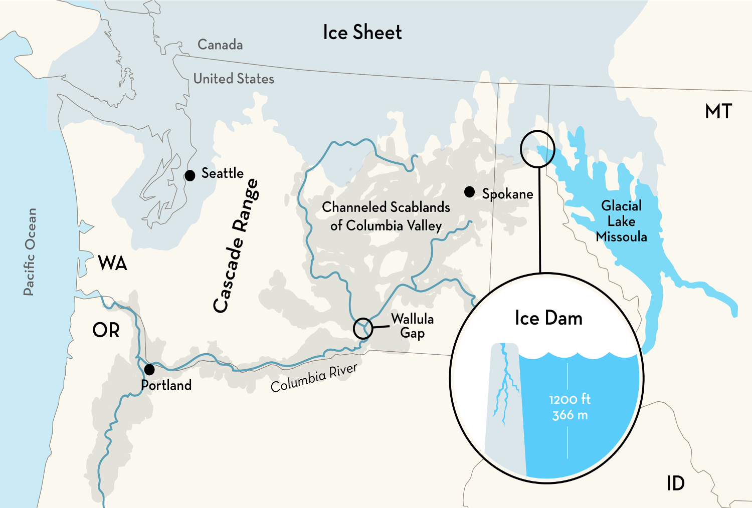 Map of Northwest (WA, OR, ID, MT) showing the range of the Missoula Floods.