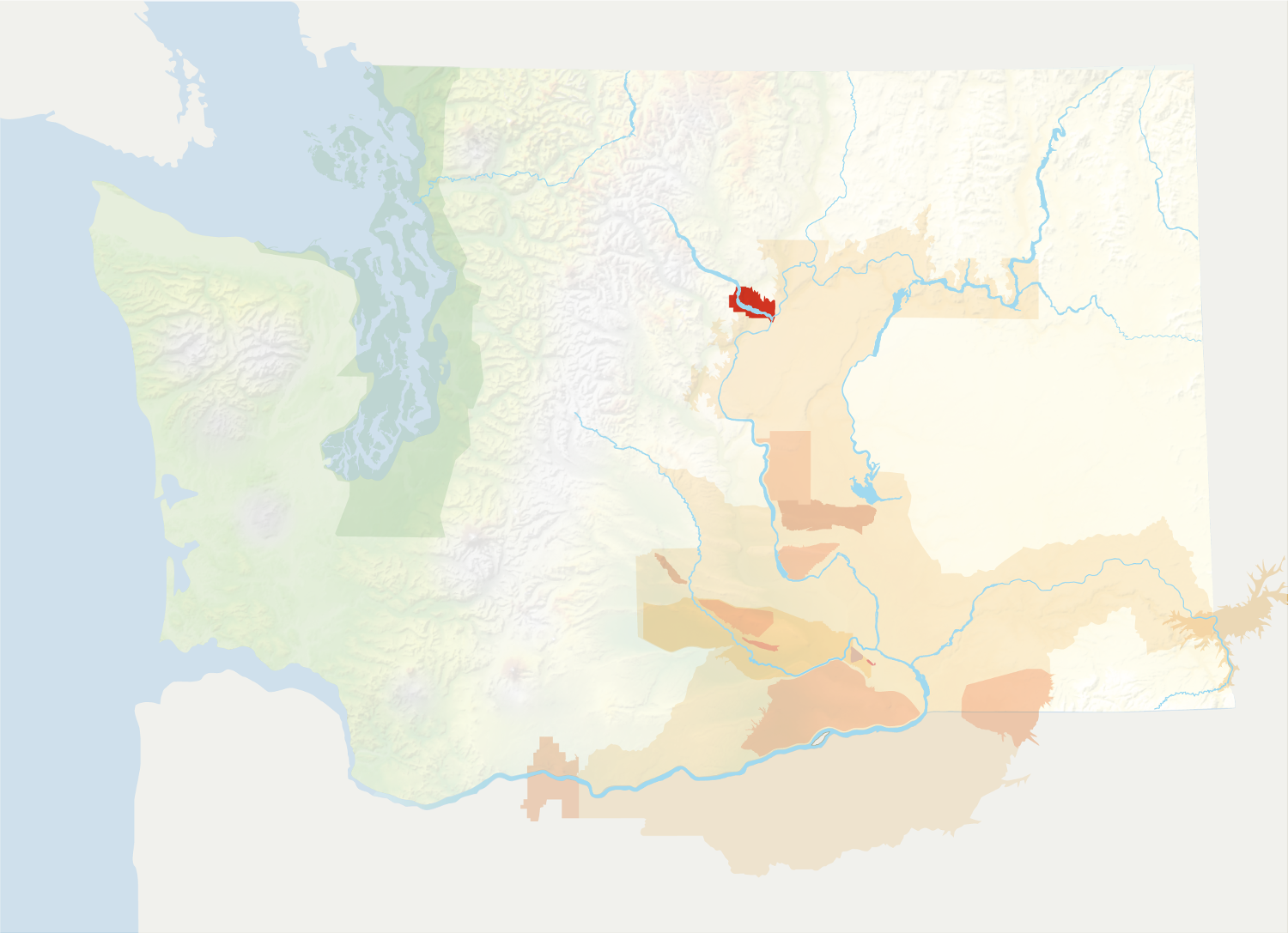 Map of Washington with the Lake Chelan AVA in red, surrounded by the rest of the AVAs in muted greens and oranges.