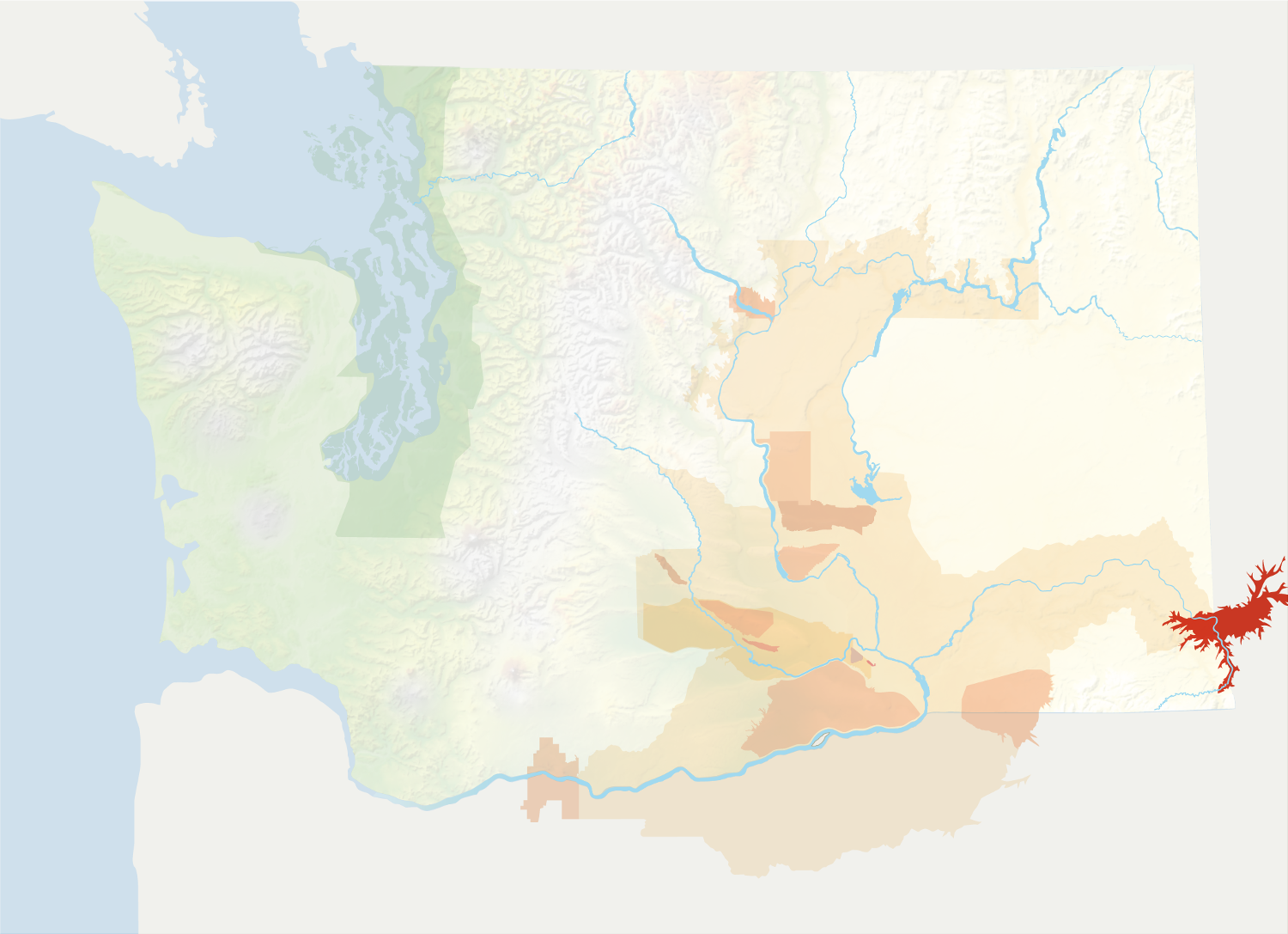 Map of Washington with the Lewis-Clark Valley AVA in red, surrounded by the rest of the AVAs in muted greens and oranges.