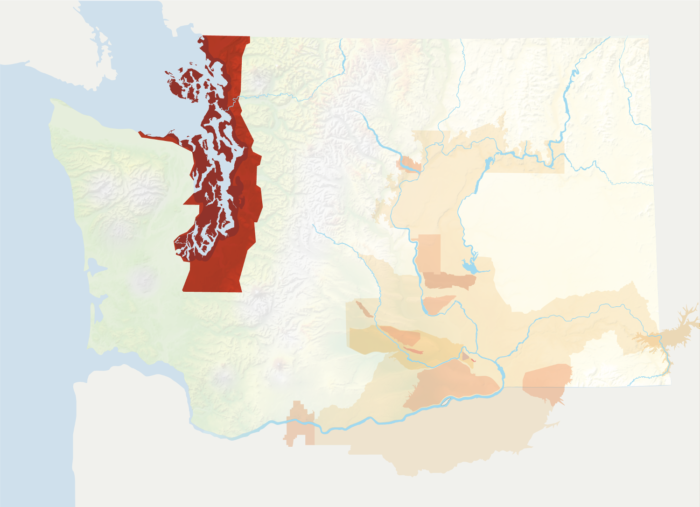 Map of Washington with the Puget Sound AVA in red, surrounded by the rest of the AVAs in muted greens and oranges.