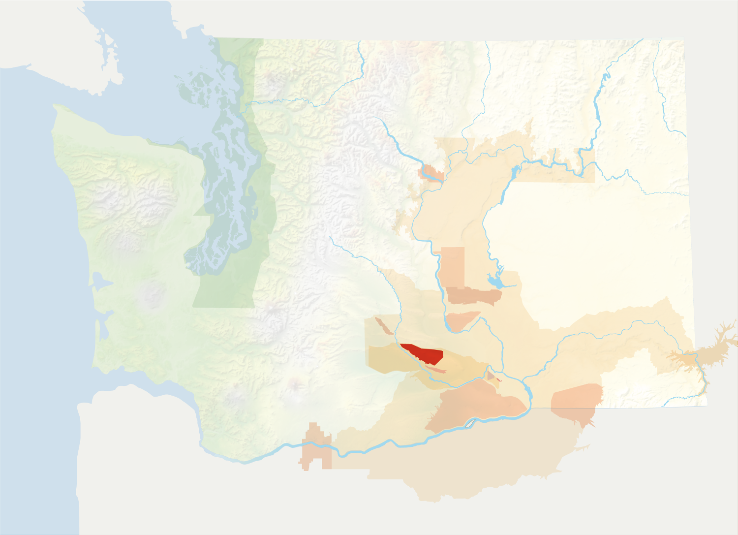 Map of Washington with the Rattlesnake Hills AVA in red, surrounded by the rest of the AVAs in muted greens and oranges.