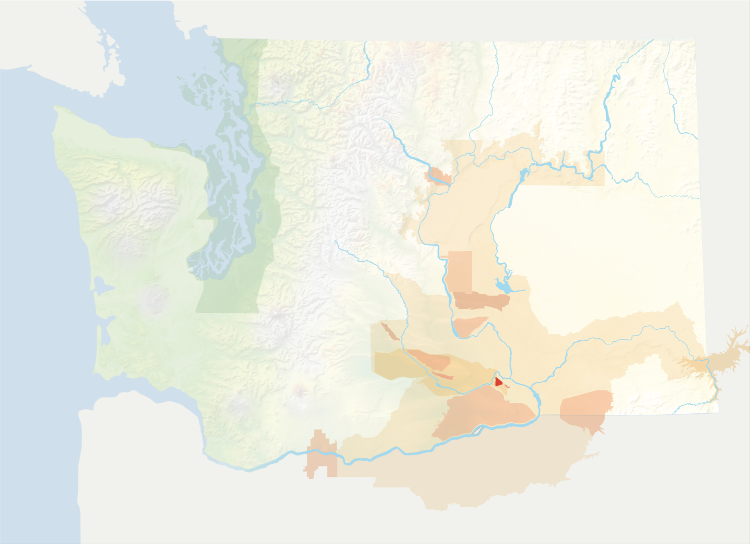 Map of Washington with the Red Mountain AVA in red, surrounded by the rest of the AVAs in muted greens and oranges.