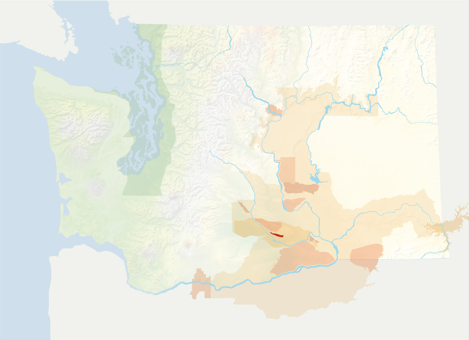 Map of Washington with the Snipes Mountain AVA in red, surrounded by the rest of the AVAs in muted greens and oranges.