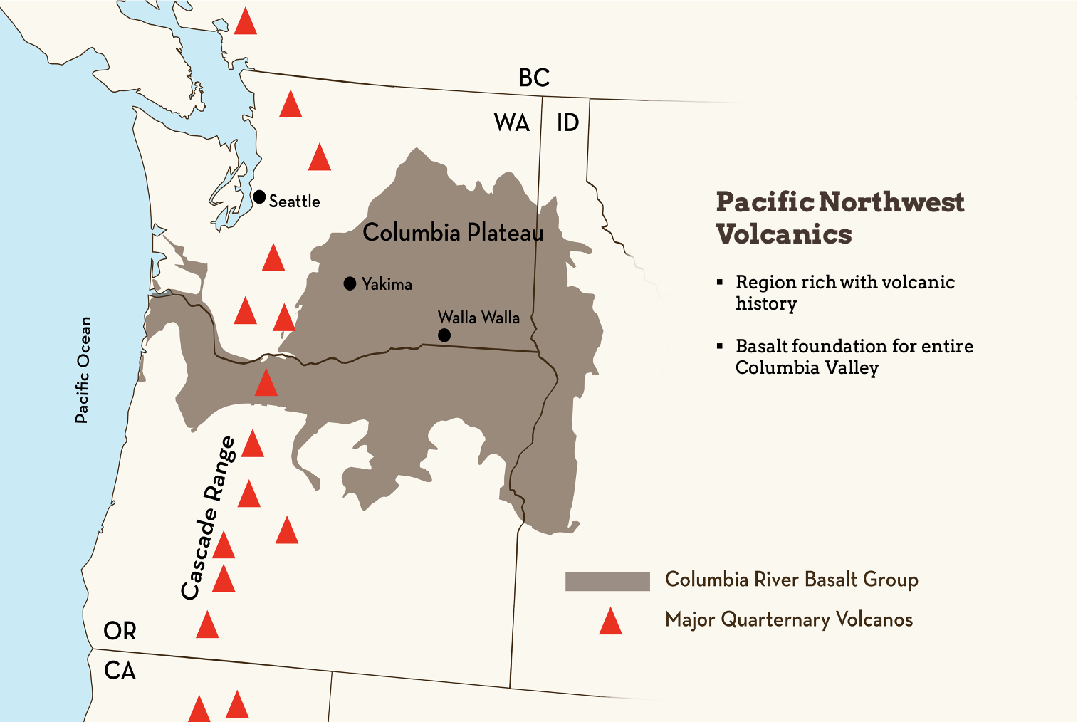 Map of the Northwest (WA, OR, ID, CA) showing the Columbia River Basalt Group and major quarternary volcanos.