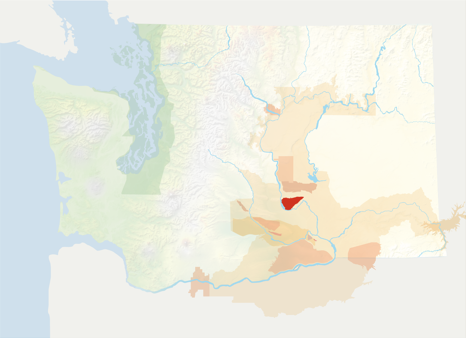 Map of Washington with the Wahluke Slope AVA in red, surrounded by the rest of the AVAs in muted greens and oranges.
