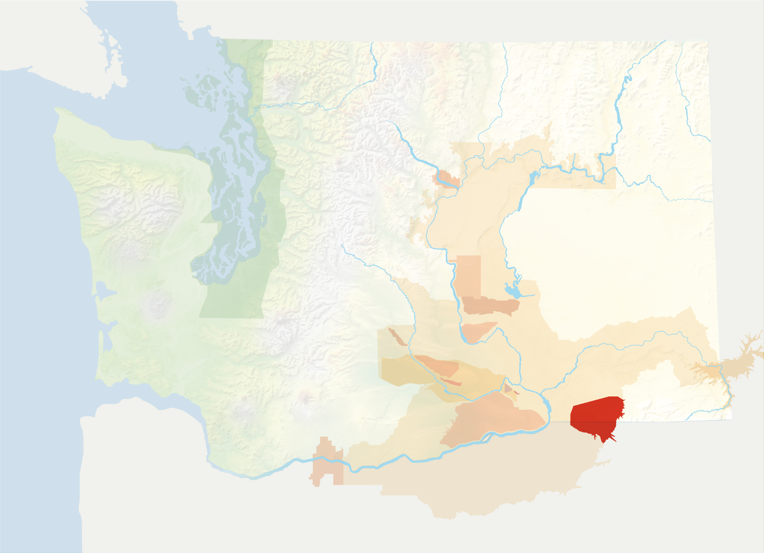 Map of Washington with the Walla Walla Valley AVA in red, surrounded by the rest of the AVAs in muted greens and oranges.