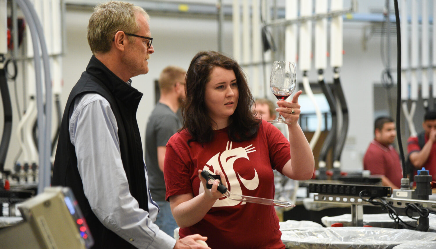 A young woman wearing a red WSU shirt holds a glass with red wine up to eye level and examines it. A man standing next to her wearing a black vest also looks at the glass. The background is a busy lab with tubes and other students.