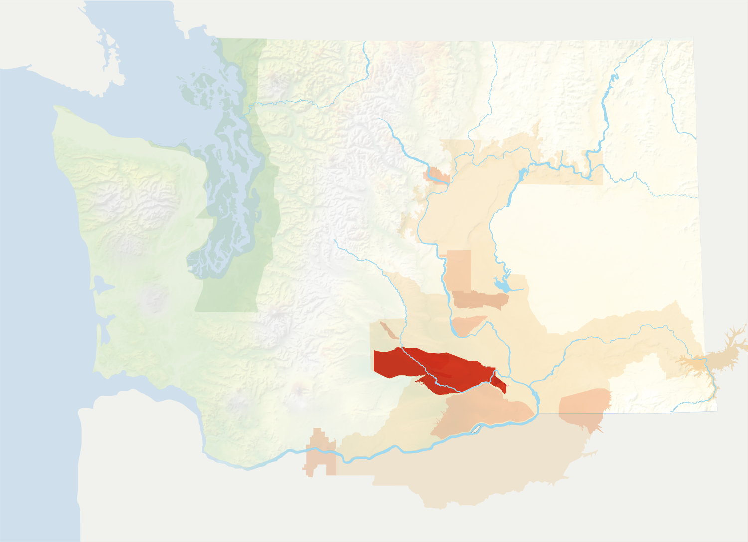 Map of Washington with the Yakima Valley AVA in red, surrounded by the rest of the AVAs in muted greens and oranges.